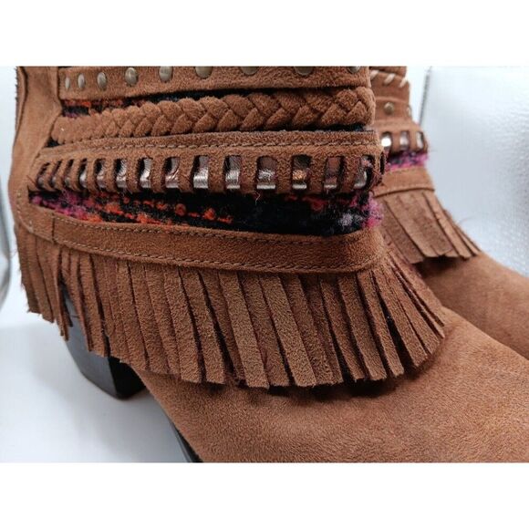 Mudd Boots Womens 11 F Ankle Booties Brown Leather Woven Braided Studded Fringe - Picture 3 of 16